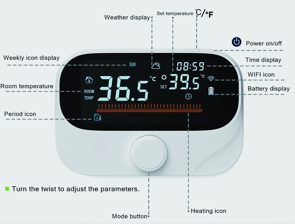 AE-613 display labels for room temperature, setpoint, time, battery, WiFi and heating status