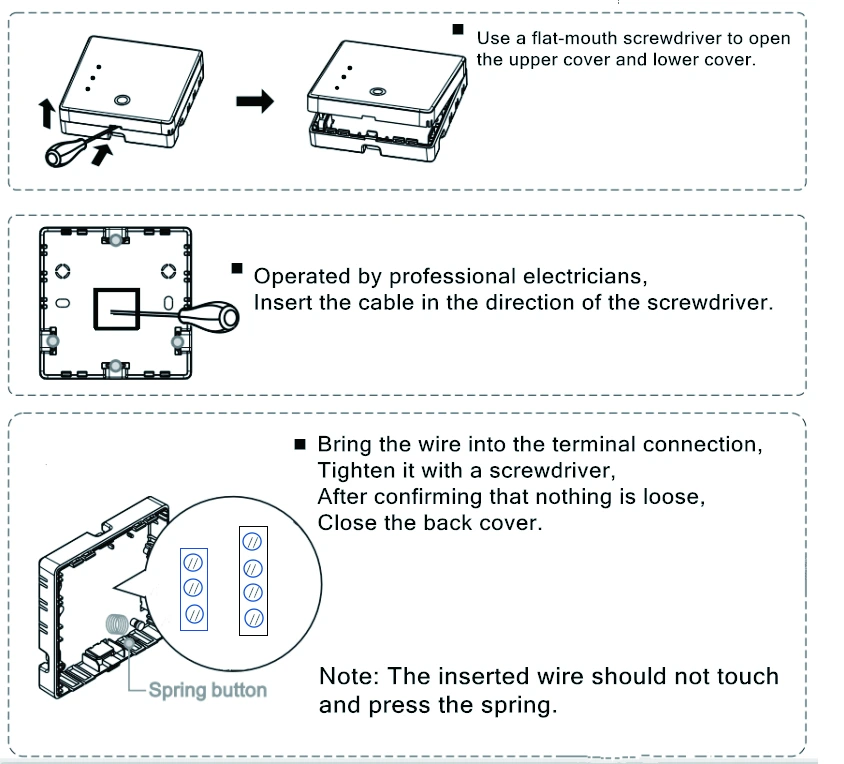 Receiver enclosure opening and terminal installation sequence from the AE-613 manual