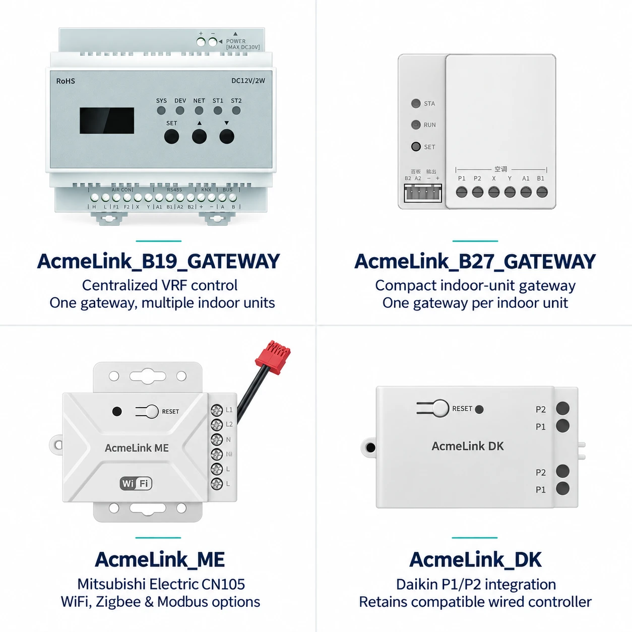 AcmeLink gateway range: B19 centralized control, B27 compact gateway, ME Mitsubishi Electric CN105 and DK Daikin P1/P2